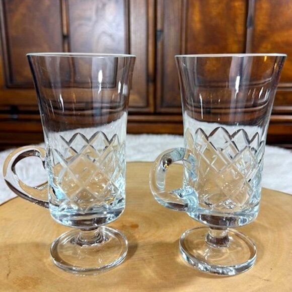 NWOT Set of 2 Diamond Etched Glass Irish Coffee Cappuccino Latte Mugs - Picture 1 of 7